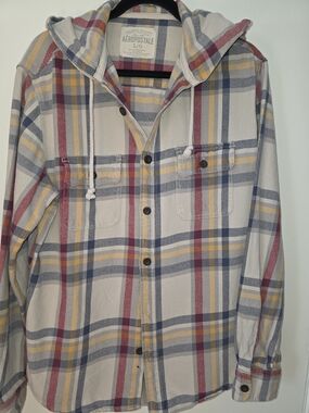 Aéropostale Plaid Hooded Button-Up Shirt - Cream, Blue & Mustard
